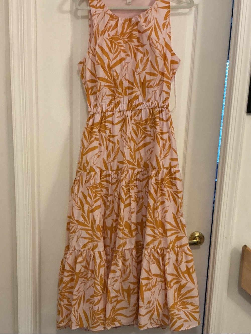 Sleeveless Pink Maxi Dress with Mustard Leaf Pattern